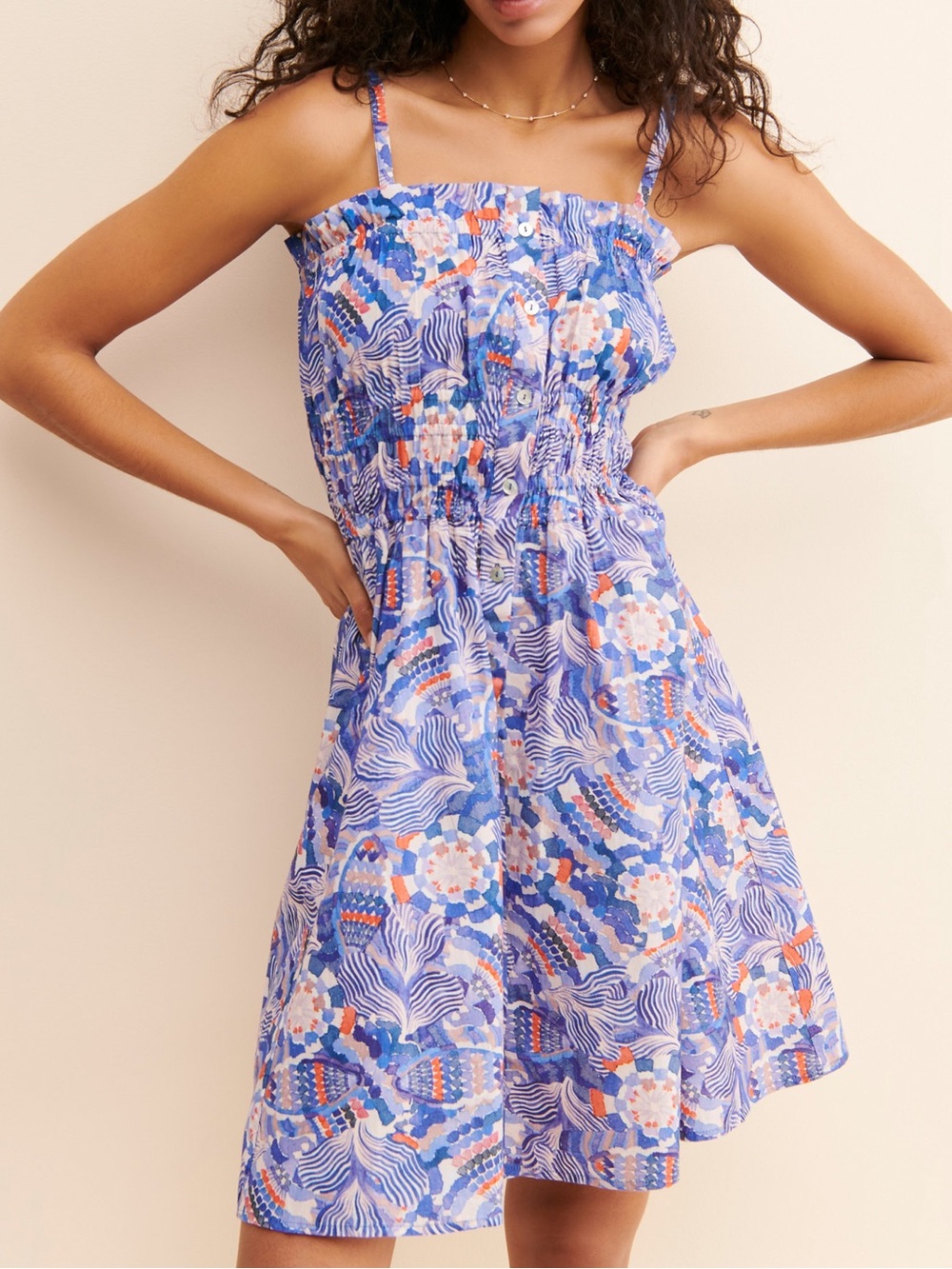 Chufy Jimmy Mini Dress Roots Blue Smocked Organic Cotton Sundress Size Medium